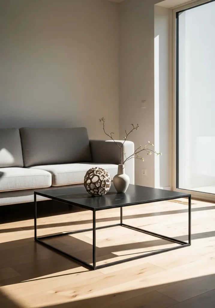 Minimalist living room with square black coffee table, small sculptural object and single vase, neutral sofa, light wood flooring, bright natural sunlight emphasizing clean lines, modern and airy feel.