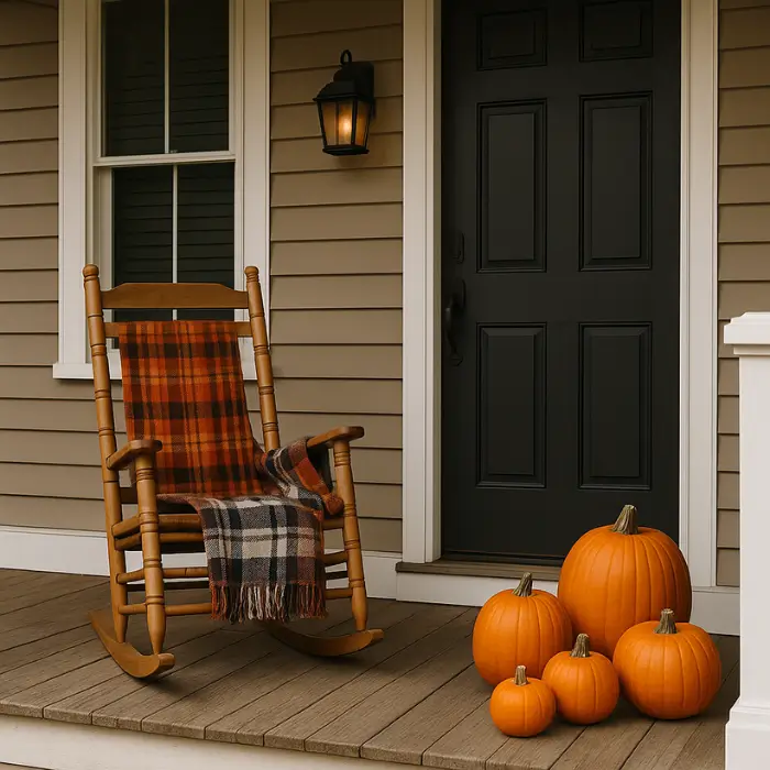 Cozy fall porch seating area with rustic Halloween decorations.