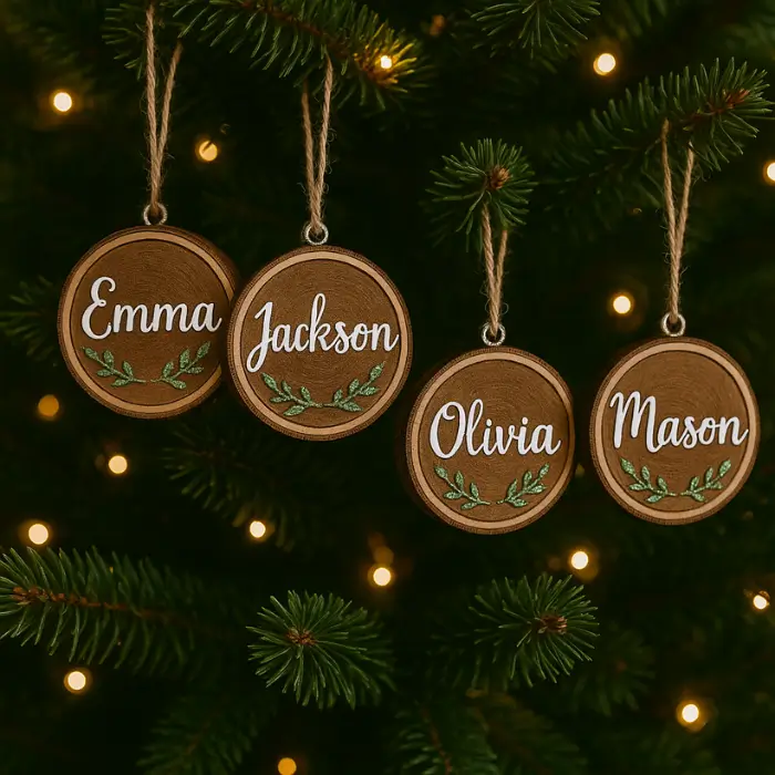 Custom name Christmas ornaments with handwriting and glitter accents.
