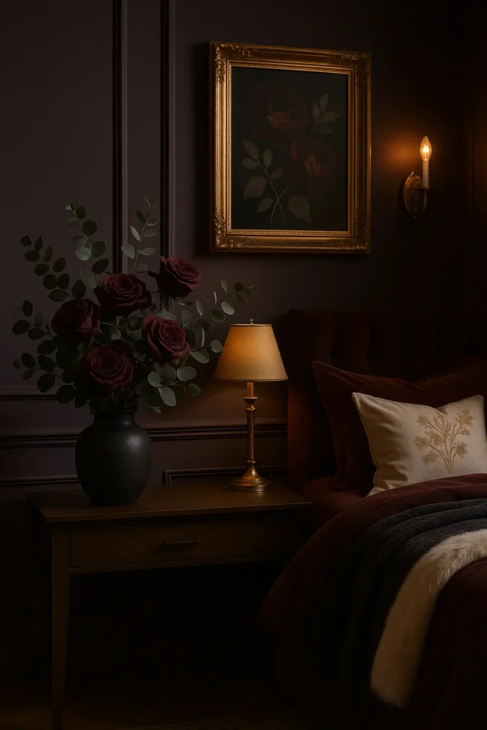 Dark florals adding softness to a feminine moody bedroom.