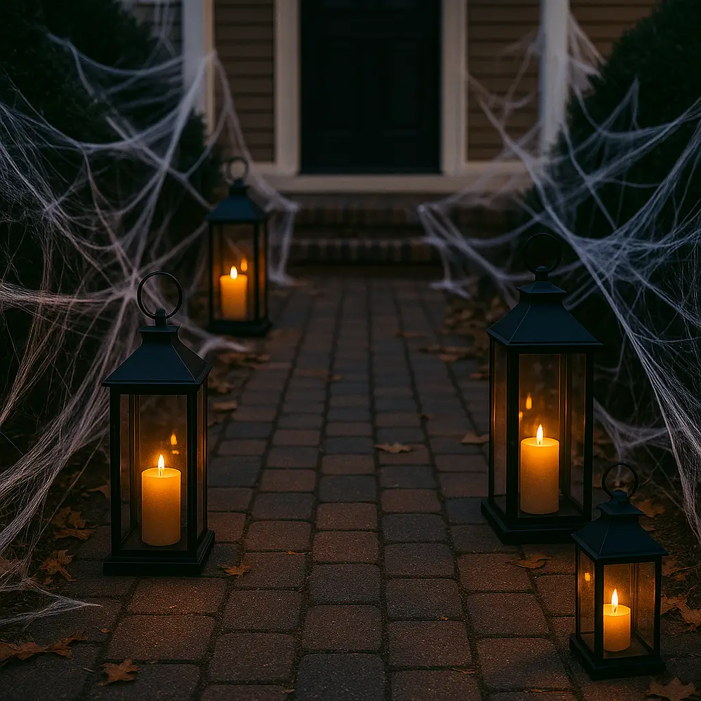 Halloween porch with glowing lantern pathway and spooky atmosphere