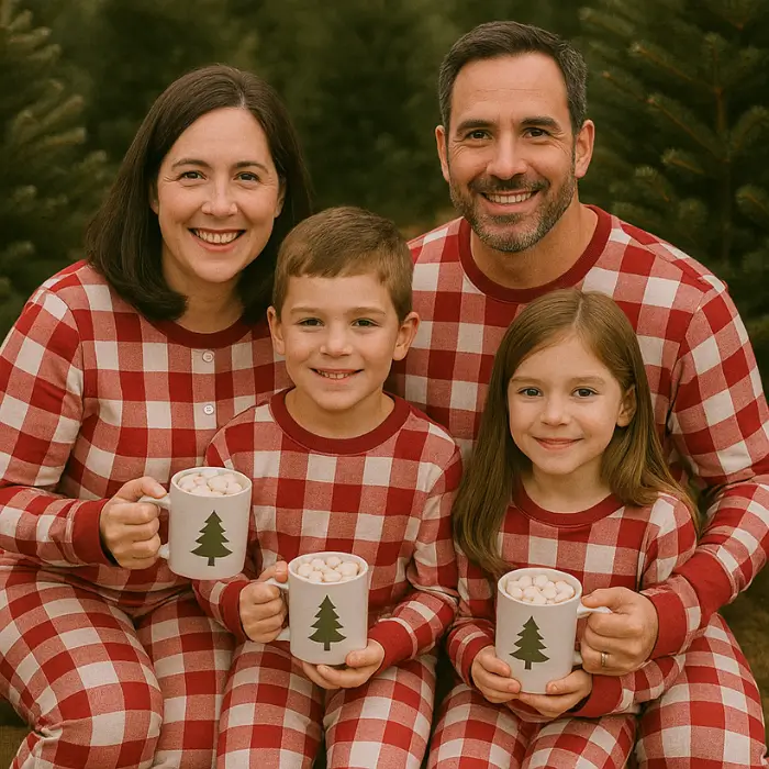 Matching family Christmas pyjamas for tree farm photoshoot.
