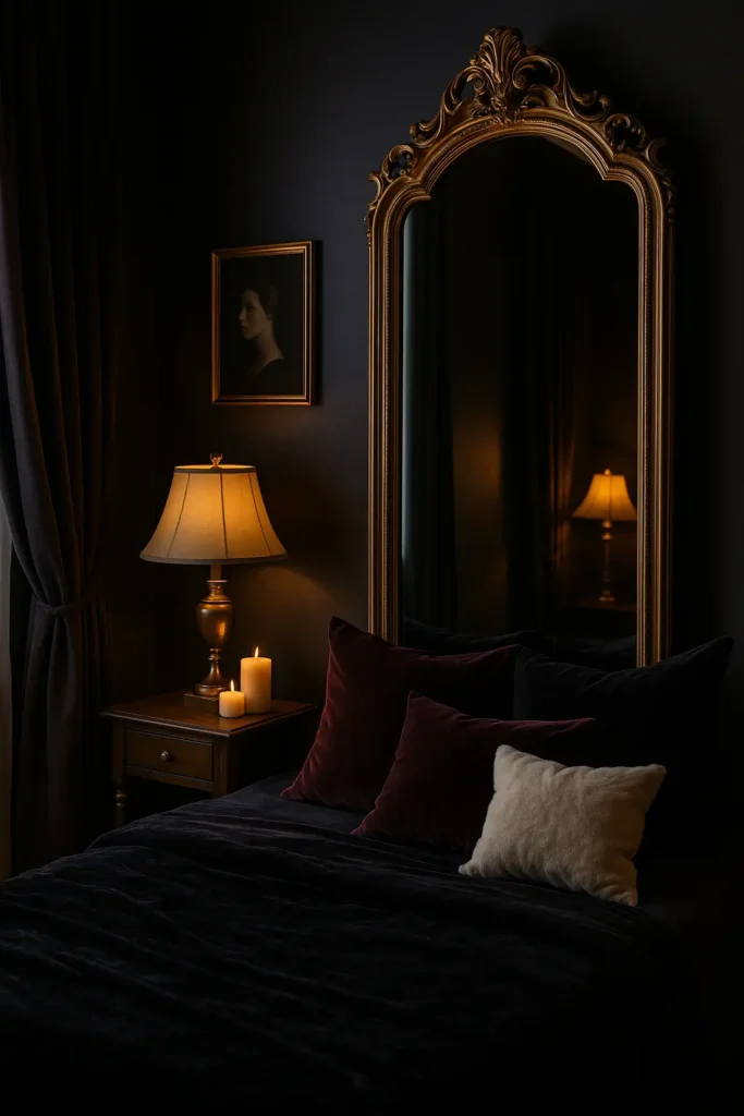 Elegant mirror reflecting light in dark feminine bedroom.