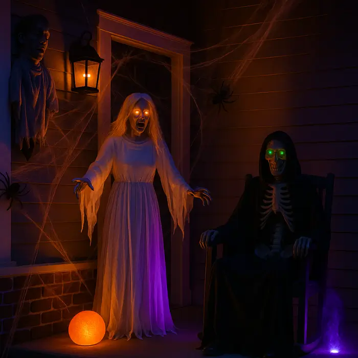 Halloween porch with animated decorations and spooky lighting
