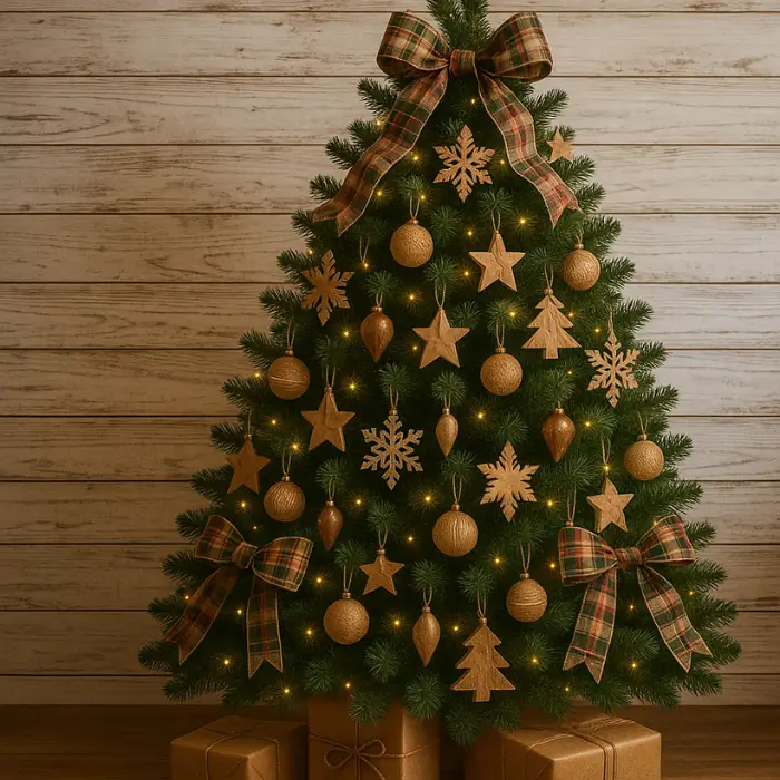 Rustic Christmas tree decorated with natural and plaid elements.