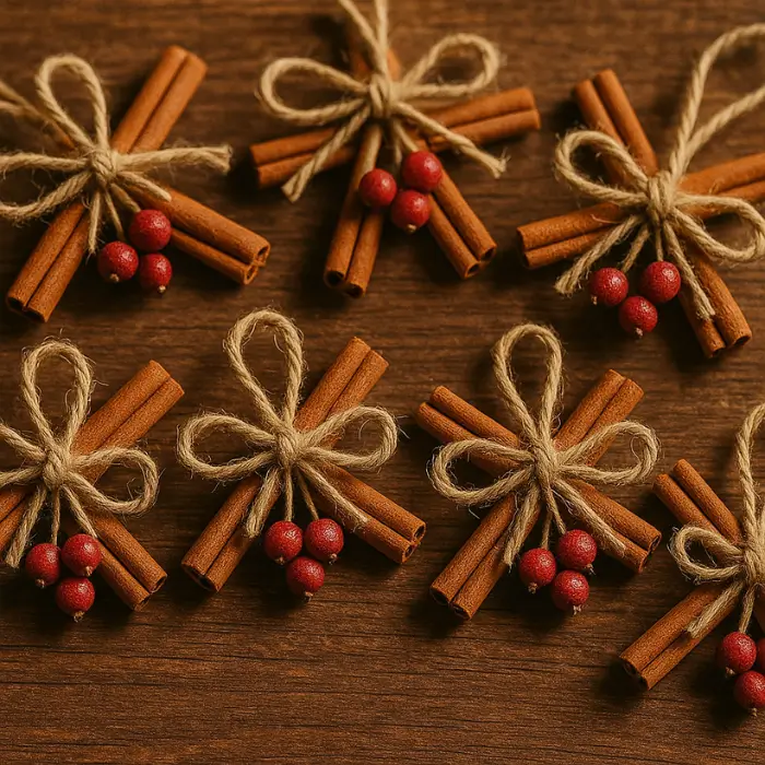 Rustic cinnamon stick Christmas ornaments with natural accents.