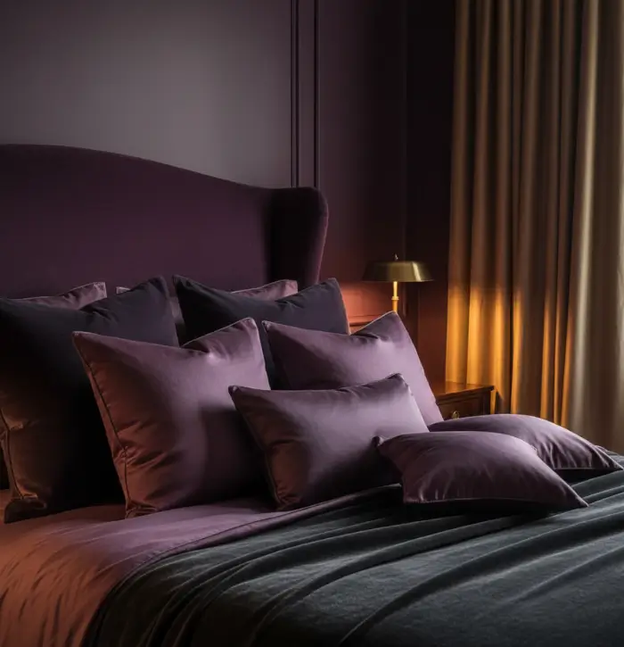 Luxurious velvet and silk bedding in a dark feminine bedroom.