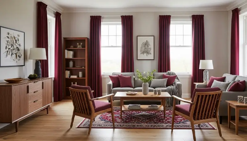 Burgundy and wood interior design with warm, earthy tones.