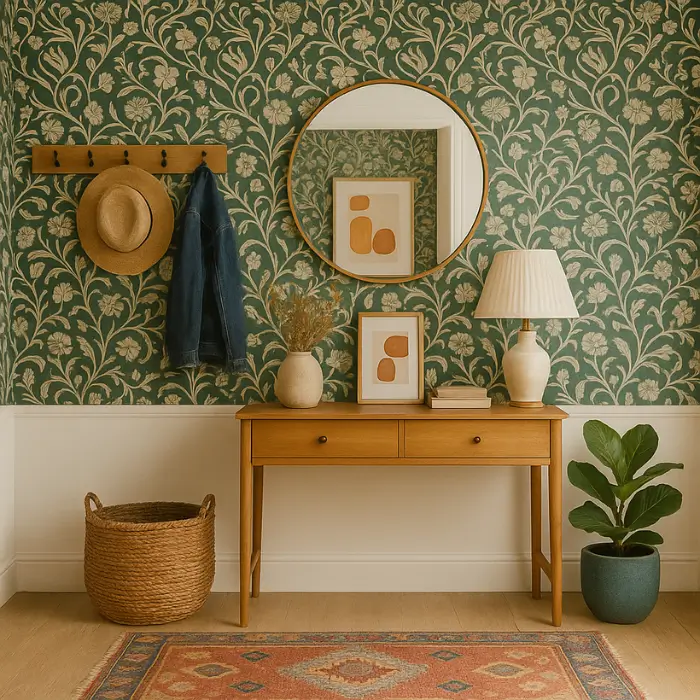 Vibrant eclectic entrance hall featuring mix of colors and textures.