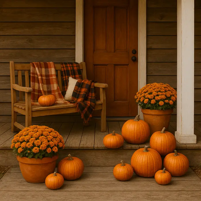  Seasonal front porch decorated for fall with pumpkins and warm tones.