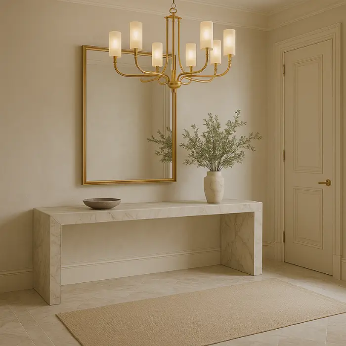  Elegant glam entryway with chandelier and mirrored accents.