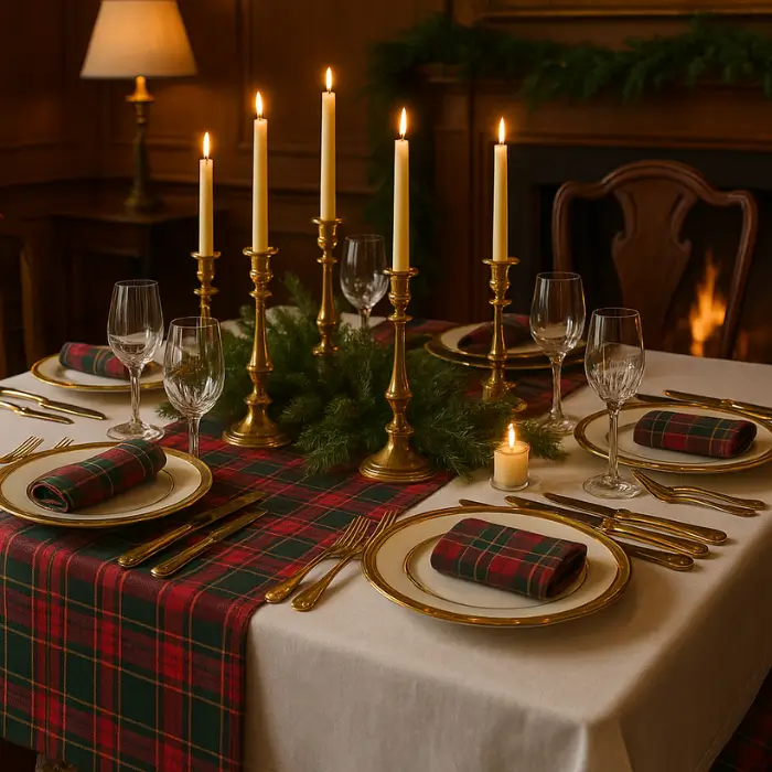 Elegant Christmas dining table with tartan runner and gold décor in Ralph Lauren style.
