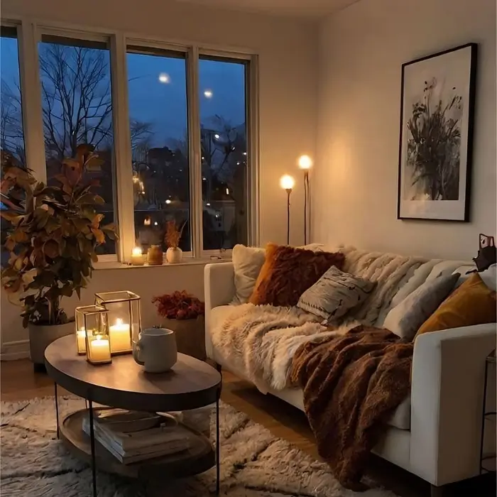Ralph Lauren Christmas living room with candlelight and greenery.