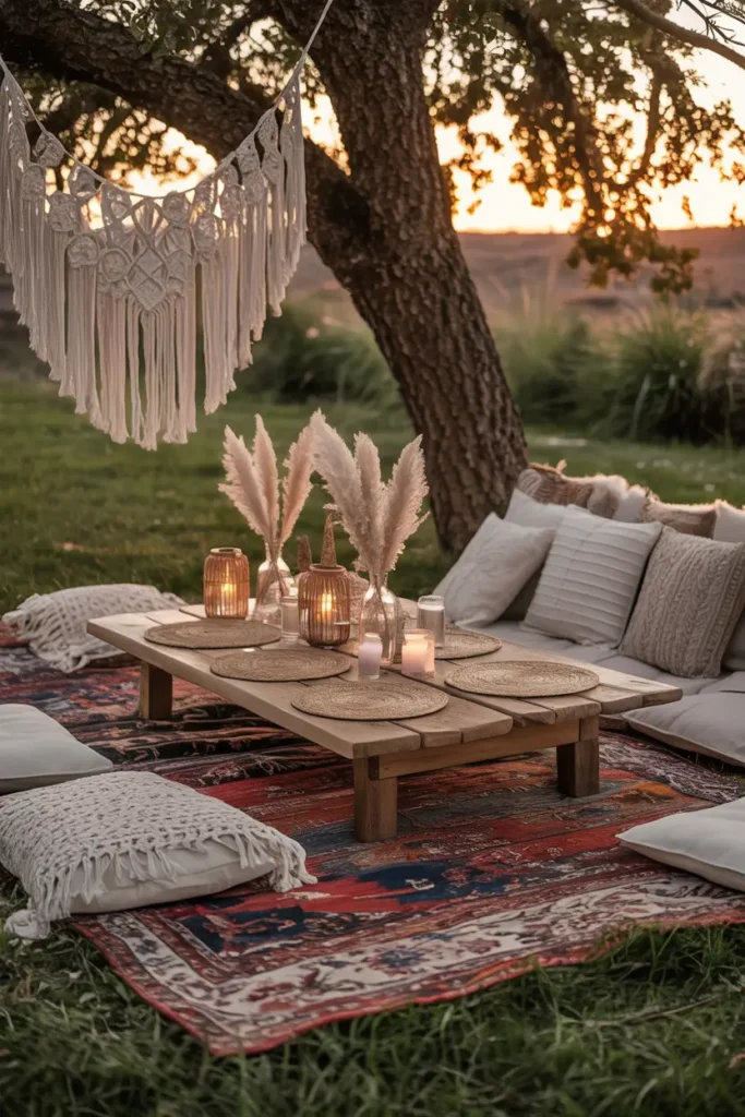 boho garden picnic setup featuring layered Persian rugs on grass, macrame decor hanging from tree branches, low rustic wooden table with woven placemats, pampas grass arrangements, neutral cushions and throws, warm sunset lighting, candles inside glass lanterns, relaxed outdoor seating arrangement, natural earthy textures, cozy artistic atmosphere captured in soft golden light.