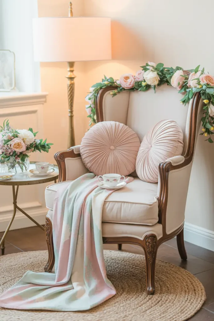 Beautiful bridal seating area featuring vintage armchair decorated with floral garland, soft cushions, pastel throw blanket, small side table holding teacup and flowers, warm natural lighting, romantic indoor tea party environment styled with delicate feminine details perfect for Pinterest bridal imagery.