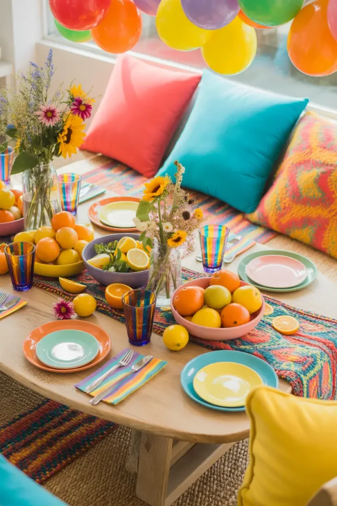 Colorful picnic party setup with bright patterned blankets, vibrant cushions in multiple shades, playful tableware and balloons, fruit platters arranged beautifully, sunny outdoor lighting, realistic Pinterest-style photography, lively festive atmosphere, cozy yet energetic gathering scene with cheerful styling and warm natural environment.