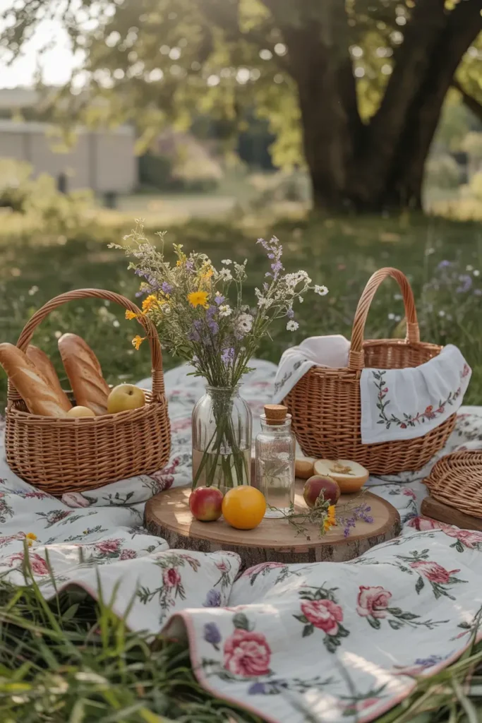 cottagecore garden picnic scene with floral blankets spread across grass, woven baskets filled with bread and fruit, wildflowers in glass bottles, embroidered linens, soft natural sunlight filtering through trees, vintage wooden serving boards, cozy countryside aesthetic, dreamy relaxed atmosphere captured with warm tones and delicate textures.