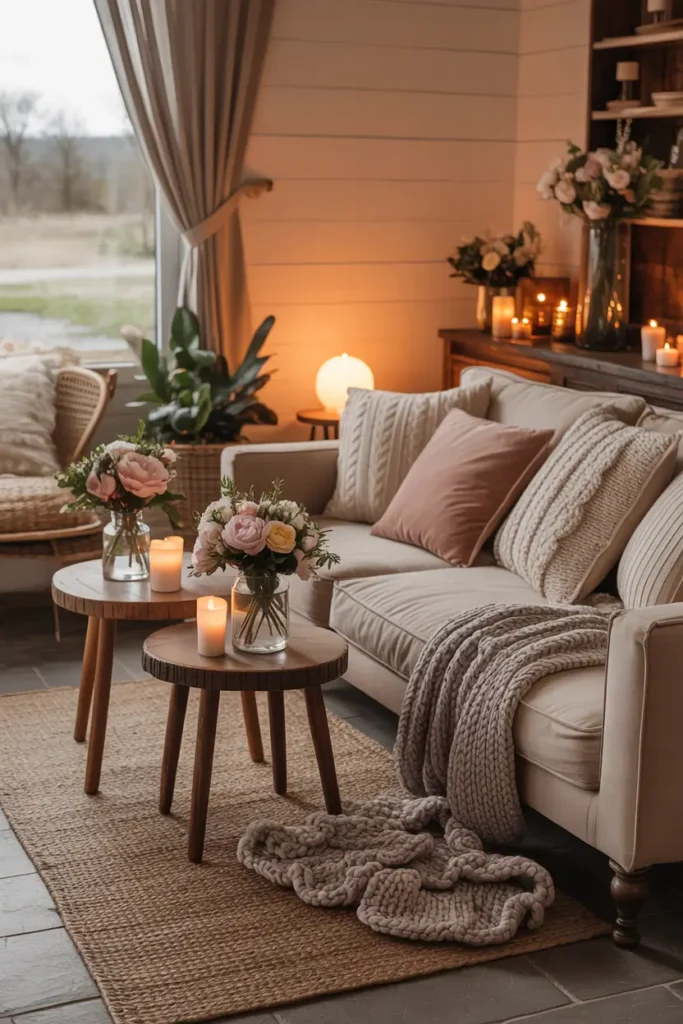 Farm baby shower lounge area with woven rugs, layered knit blankets, soft cushions in muted tones, wooden side tables holding candles and flowers, warm ambient lighting, rustic farmhouse interior styled for Pinterest photography with relaxed countryside comfort and welcoming mood.