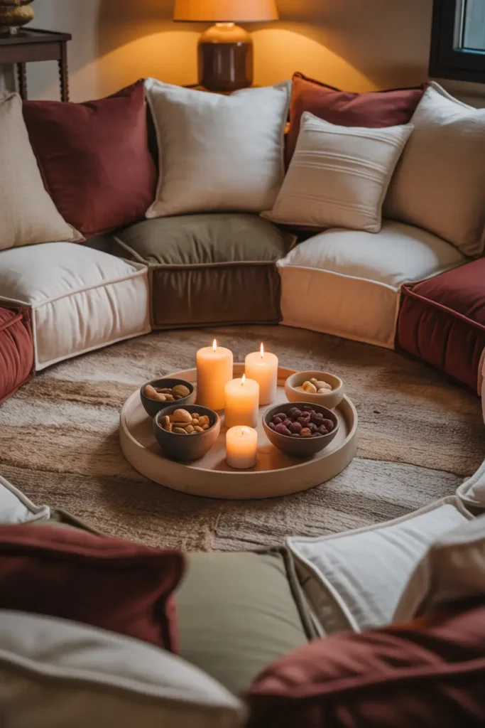 Outdoor picnic with cushions arranged in circular seating layout on layered rugs, mixed fabric textures in warm neutral tones, wooden tray with snacks placed at center, soft afternoon lighting creating gentle shadows, realistic Pinterest-style photography, cozy intimate gathering atmosphere surrounded by greenery and relaxed styling.