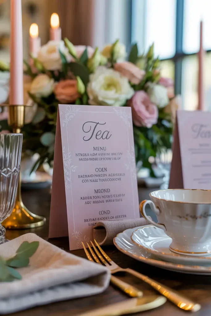 Close-up Pinterest-style table setting featuring printed tea menu cards on textured cardstock, placed beside porcelain teacups, floral centerpiece softly blurred in background, gold accents, linen napkins folded neatly, warm window lighting creating refined and cozy bridal shower dining atmosphere.