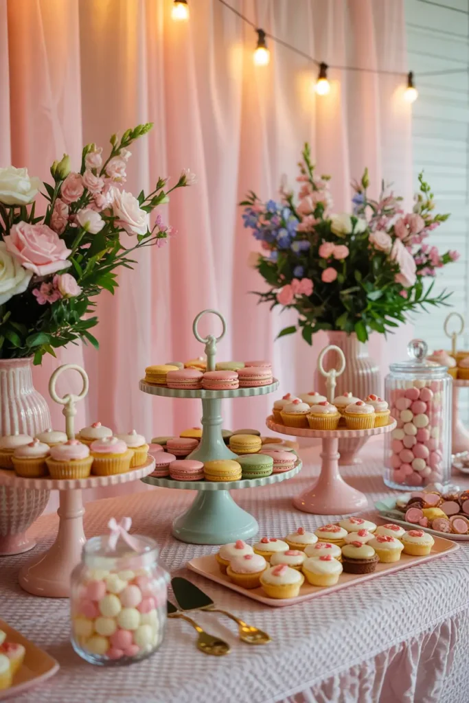 dessert station styled with pastel cake stands, macarons, cupcakes, and mini pastries arranged on tiered trays, surrounded by fresh flowers cascading from ceramic vases, soft pink backdrop curtain, warm ambient lighting, textured tablecloth, glass jars filled with candies, elegant serving utensils, cozy indoor party setting with feminine styling and airy romantic atmosphere designed for bridal shower photography.