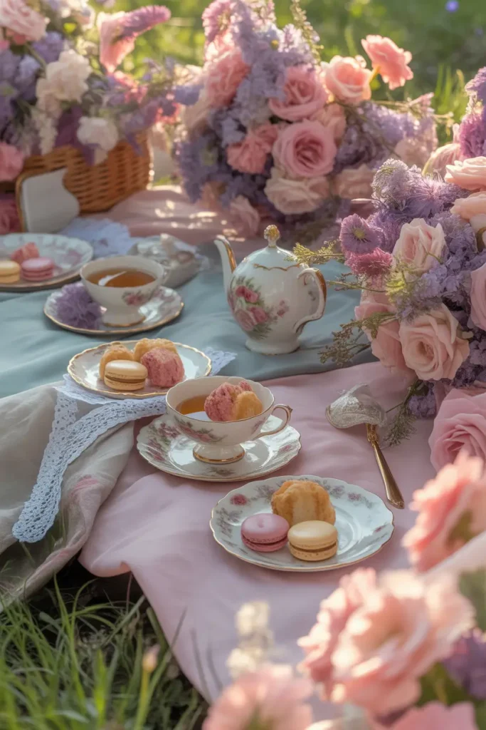 floral tea picnic in garden setting, pastel tablecloth spread across grass, vintage teacups and plates arranged with macarons and pastries, floral arrangements in soft pink and lavender tones, lace details and linen napkins, sunlight glowing softly through surrounding flowers, romantic feminine aesthetic, dreamy natural lighting, cozy elegant picnic atmosphere with realistic textures and gentle color harmony.