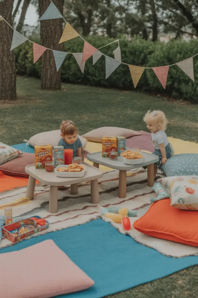 Family-friendly outdoor picnic scene with colorful blankets and cushions spread across grass, playful bunting flags hanging between trees, small low tables with snacks and juice boxes, soft natural daylight, toys and activity items placed neatly, cheerful cozy atmosphere, realistic Pinterest-style photography showing vibrant yet warm styling, lively outdoor setting with comfortable textures and welcoming family mood.
