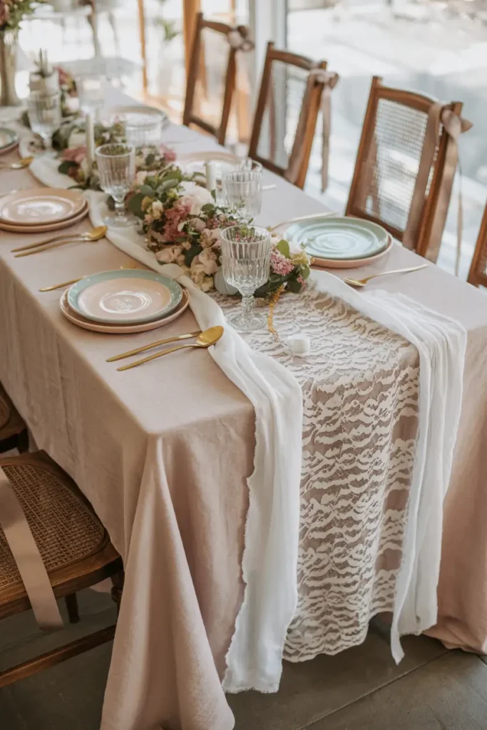 Romantic bridal shower table styled with layered lace runners over soft linen cloth, delicate floral centerpieces, pastel ceramic plates, gold cutlery, natural daylight illuminating textures, wooden chairs with ribbon accents, soft neutral color palette, airy indoor setting with cozy feminine charm and detailed textile layers creating timeless tea party aesthetic.