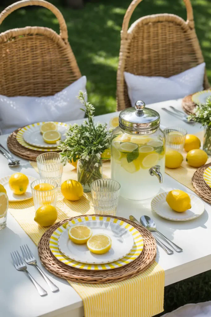 summer garden picnic featuring lemon-themed decor, white blankets layered on grass, yellow cushions, glass drink dispensers filled with lemonade and citrus slices, wicker baskets, sunlight streaming through trees, fresh flowers in simple jars, airy outdoor setting with bright natural lighting, cozy relaxed seating arrangement, cheerful summer atmosphere captured with soft warm tones.