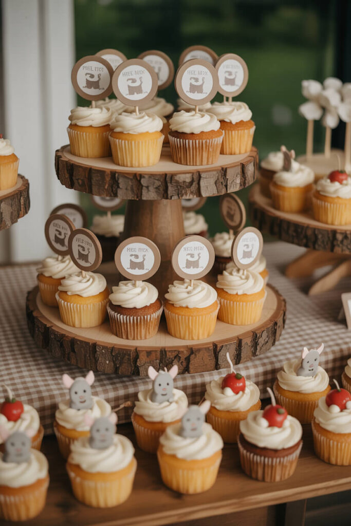 Farm baby shower dessert table with wooden backdrop, tiered trays filled with cupcakes topped with tiny farm animals, soft gingham runner, vintage cake stands, warm fairy lights glowing softly, pastel balloons floating overhead, cozy farmhouse textures, neutral color palette with gentle pink and beige tones, styled in bright natural window lighting with clean Pinterest-inspired composition.