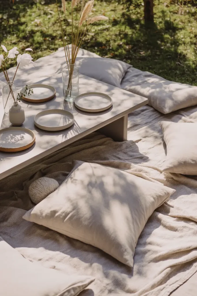 garden picnic scene with neutral linen blankets, low wooden table, ceramic plates in soft beige tones, dried grasses in simple vases, natural sunlight casting soft shadows, cozy floor cushions, uncluttered styling, modern outdoor aesthetic, calm atmosphere surrounded by greenery, soft textures and airy composition photographed in warm natural light.