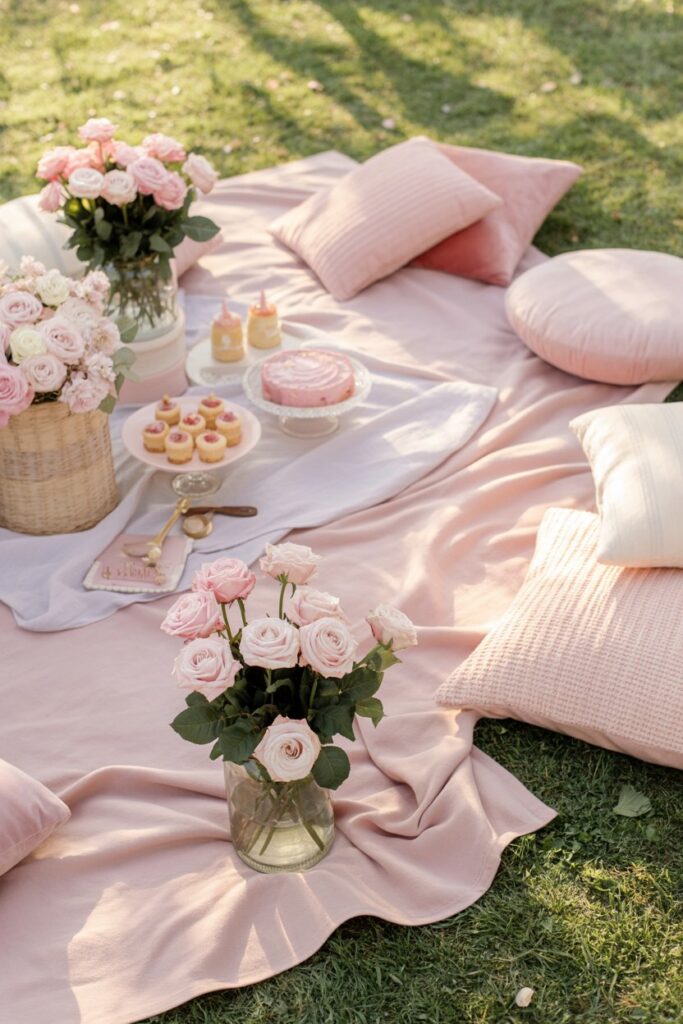 pink garden picnic setup with blush blankets layered on green grass, rose arrangements in glass jars, pastel desserts displayed on low table, soft cushions in pink tones, warm afternoon sunlight, airy outdoor environment, feminine cozy styling, relaxed gathering atmosphere with delicate textures and natural lighting creating dreamy aesthetic.