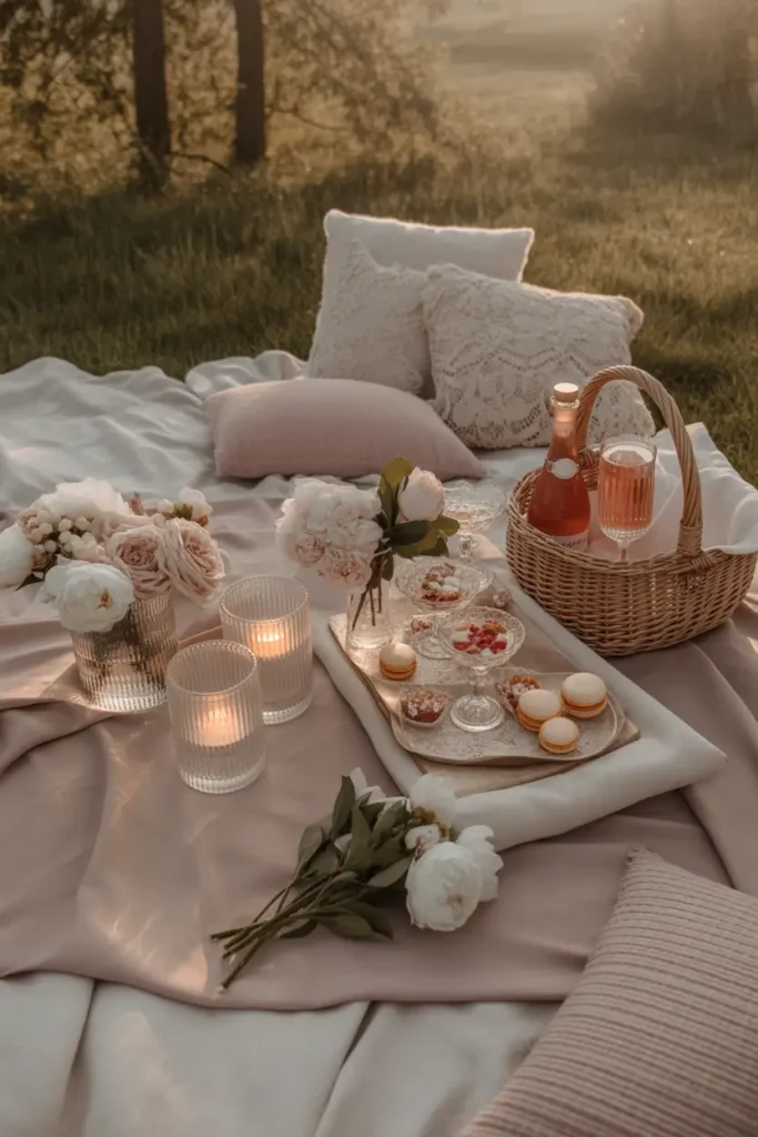 Romantic outdoor picnic setup designed for two people, soft blush and cream blankets layered on grass, delicate candles in glass holders, fresh flowers arranged in small vases, low wooden tray with desserts and drinks, golden hour lighting casting warm glow, realistic Pinterest-style photography, cozy intimate atmosphere with soft textures and dreamy natural background.