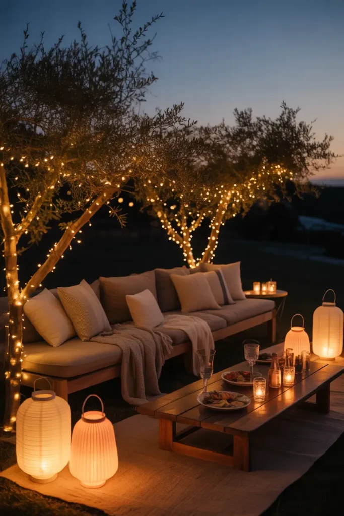 Evening picnic setup illuminated by warm fairy lights hanging between trees, soft blankets and cushions arranged on grass, glowing lanterns placed around seating area, wooden trays with desserts and drinks, romantic golden lighting, realistic outdoor photography style, cozy twilight ambiance, gentle bokeh lights in background, textured fabrics and natural decor creating a dreamy, Pinterest-worthy scene.