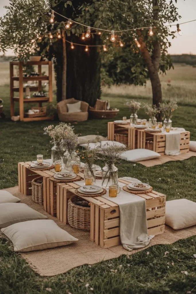 Rustic farmhouse garden picnic setting photographed in Pinterest style, wooden crates serving as tables, linen table runners, mason jars with wildflowers, woven baskets, neutral cushions on grass, warm sunset lighting, string lights hanging between trees, cozy countryside mood, natural textures, relaxed outdoor gathering captured with soft warm tones and inviting atmosphere.