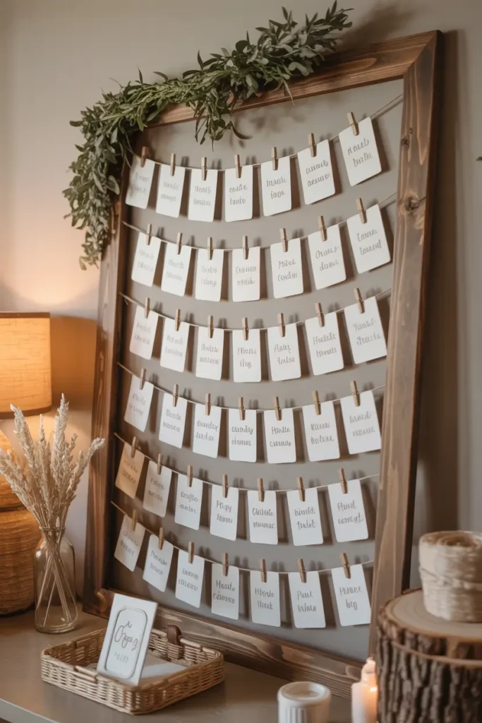 Farm baby shower message wall featuring a wooden frame with hanging cards clipped to twine, soft greenery accents, neutral pastel decor, warm natural lighting casting gentle shadows, farmhouse interior styled with cozy textures and Pinterest-style aesthetic capturing heartfelt celebration details.