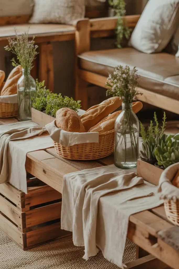 Rustic outdoor picnic scene with wooden crates used as low tables, beige linen cloth draped naturally, wicker baskets filled with bread and fruit, glass bottles holding greenery, soft afternoon sunlight creating warm tones, textured neutral blankets on grass, countryside aesthetic, realistic Pinterest-style photography with cozy natural atmosphere and inviting relaxed gathering mood.