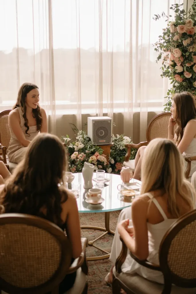 Relaxed tea party lounge area with small speaker hidden among floral arrangements, guests seated on cushioned chairs, soft curtains filtering sunlight, vintage decor accents, warm neutral tones, inviting feminine interior designed for calm conversations and intimate bridal shower moments captured in Pinterest aesthetic.