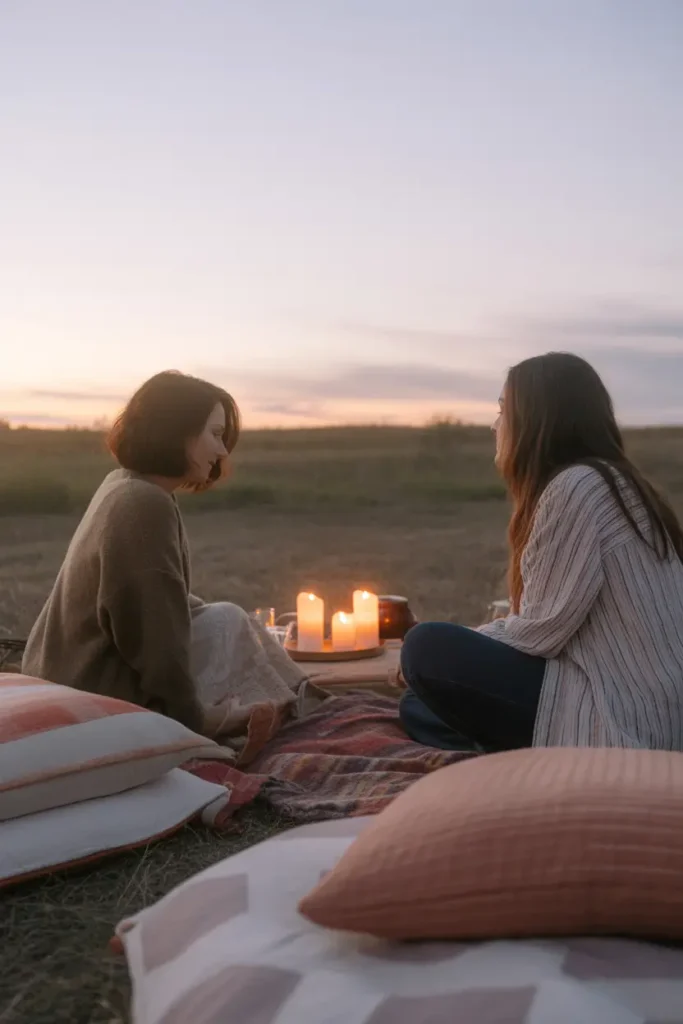Outdoor picnic during sunset with warm golden sky in background, layered blankets and cushions in earthy tones, candles glowing softly on low wooden table, friends sitting casually in relaxed poses, soft cinematic lighting, realistic Pinterest-style photography capturing cozy feminine mood, warm textures and peaceful outdoor atmosphere with glowing natural light.