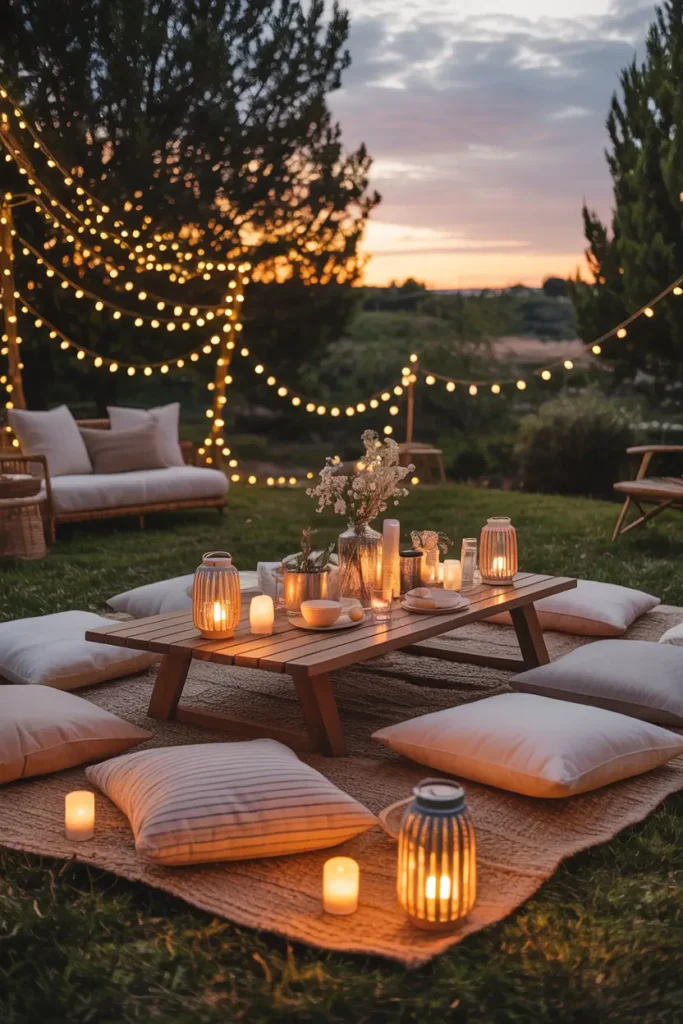 sunset garden picnic with warm-toned blankets and cushions, glowing lanterns and candles placed around low picnic table, golden sunlight creating soft highlights, fairy lights hanging between trees, relaxed outdoor seating facing sunset sky, cozy textures, romantic evening atmosphere, cinematic warm lighting capturing calm outdoor gathering mood.