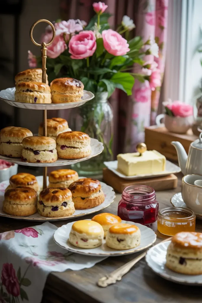 Rustic yet elegant pastry display featuring freshly baked scones, jam jars, butter dishes, tiered trays, floral linens, ceramic serving plates, warm sunlight highlighting textures of baked goods, cozy tea party setup with inviting feminine atmosphere styled for Pinterest food photography.