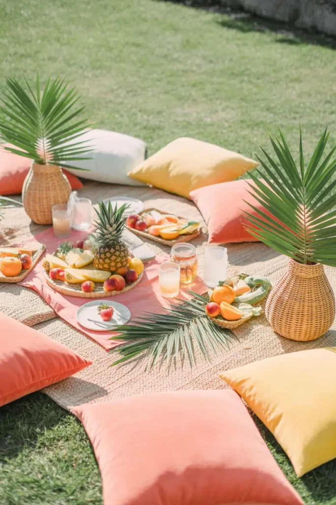 Tropical outdoor picnic setup on green lawn featuring palm leaf decorations, colorful cushions in coral and yellow tones, woven baskets, fruit platters with pineapple and citrus slices, bright natural sunlight, relaxed feminine styling, Pinterest-inspired realistic photography, vibrant yet cozy atmosphere, warm textures and cheerful outdoor party mood captured with lively natural lighting.