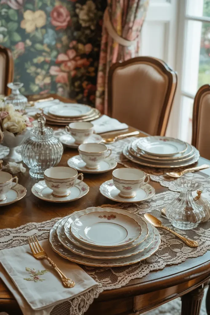 Elegant indoor tea party setup featuring antique china plates stacked on delicate lace runner, soft cream and blush color palette, gold-rimmed teacups, vintage wooden dining table, crystal sugar bowls, floral wallpaper background, natural window light casting soft shadows, cozy upholstered chairs, layered textures including linen napkins and embroidered details creating timeless feminine tea party atmosphere perfect for bridal celebration photography.