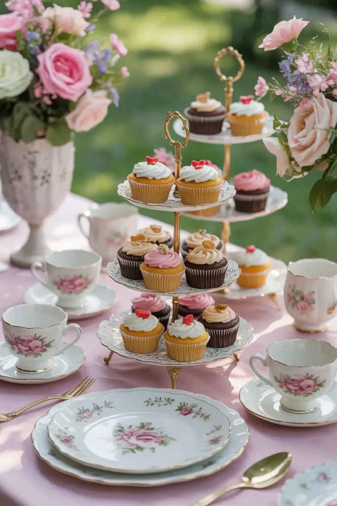 Elegant vintage garden picnic scene styled for Pinterest, lace tablecloth spread over grass, mismatched floral teacups and saucers, pastel desserts on tiered stands, antique silver trays, soft morning sunlight, blooming garden flowers surrounding setup, cozy cushions for seating, romantic nostalgic atmosphere, natural light photography with delicate textures and soft color palette.